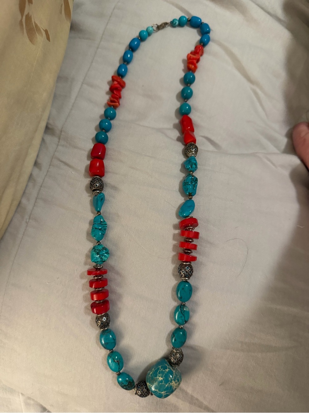 925 Silver Turquoise and Coral Bead Necklace for Women